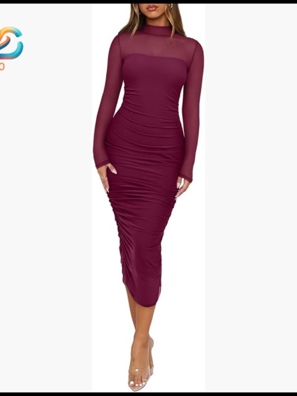 Sheer Mesh Long Sleeve Midi Bodycon Dress Ruched Mock Neck Party